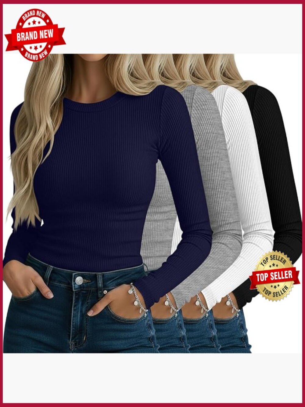 4 Pack Ribbed Long Sleeve Tops - Crew Neck Slim Fit Stretch Knit Base Layer Tees